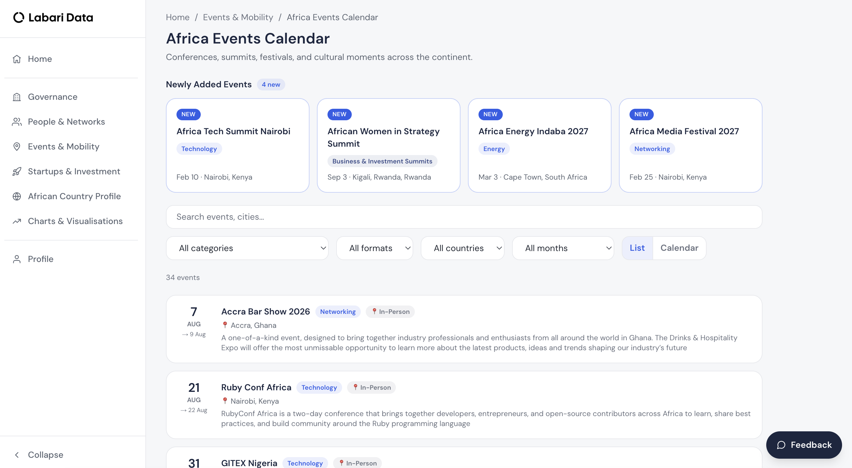 Africa Events Calendar directory, showing a searchable, filterable list of conferences and summits across the continent