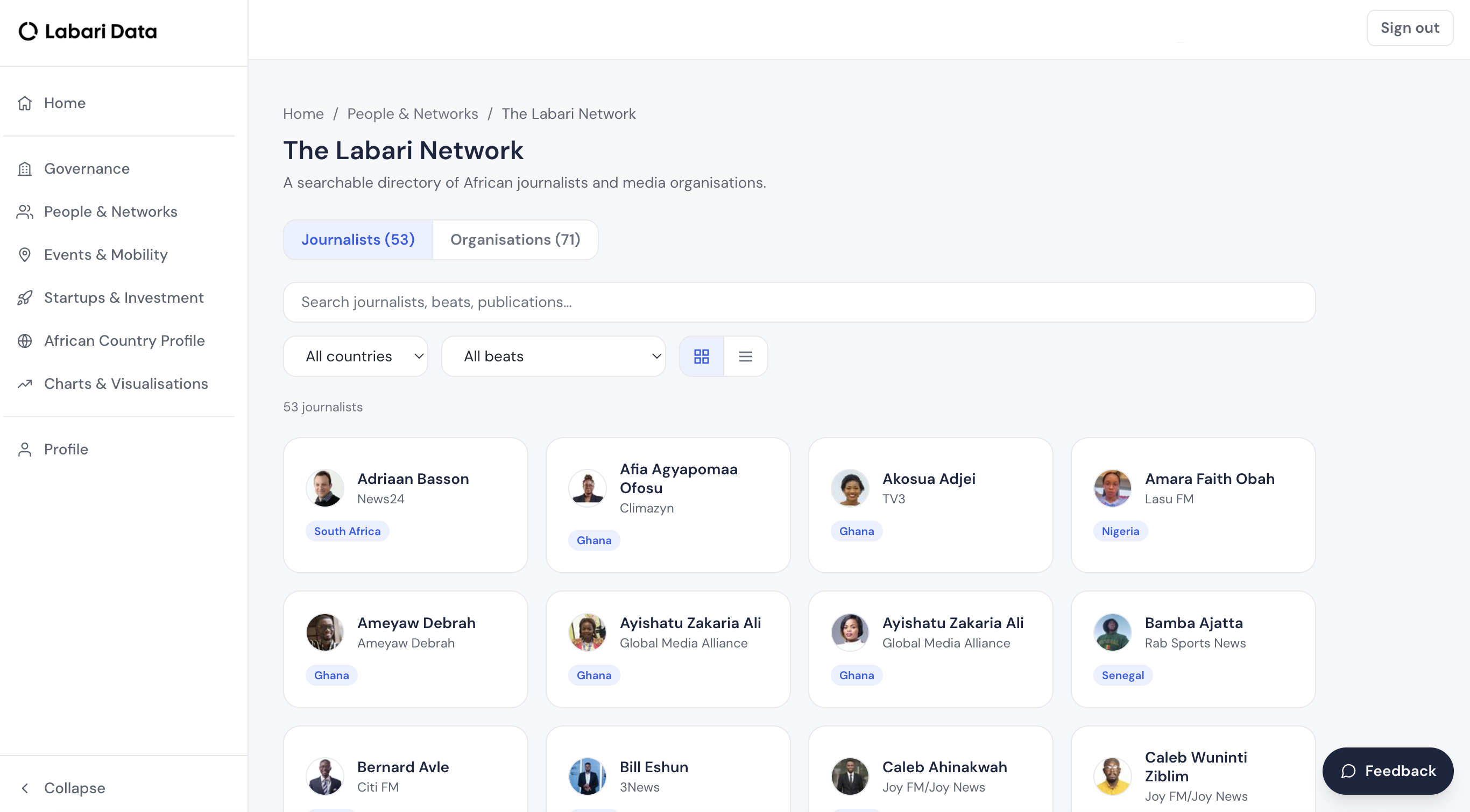 The Labari Network directory, showing a searchable grid of African journalists filterable by country and beat